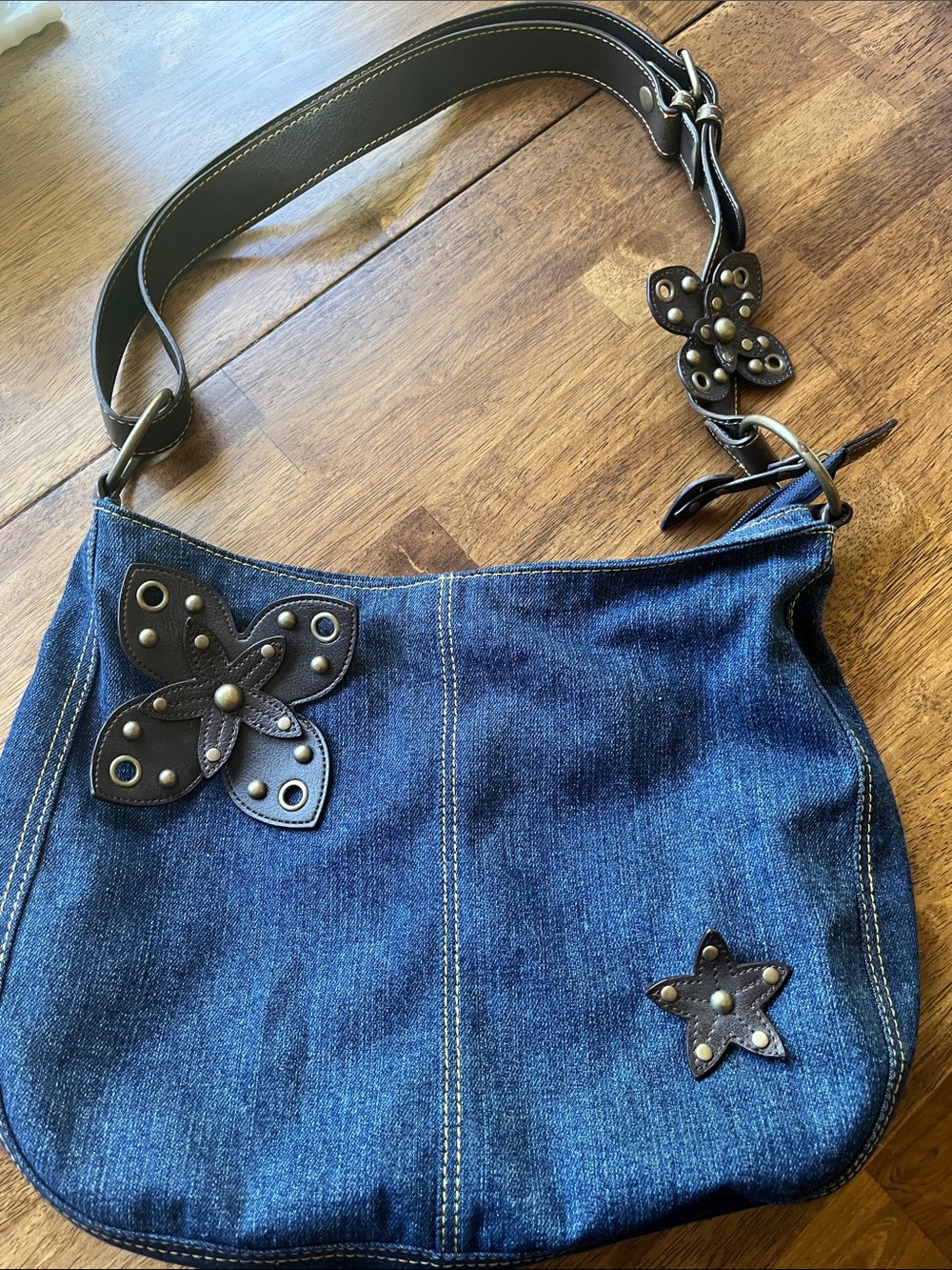 Denim Shoulder Bag with Leather Butterfly & Star Accents